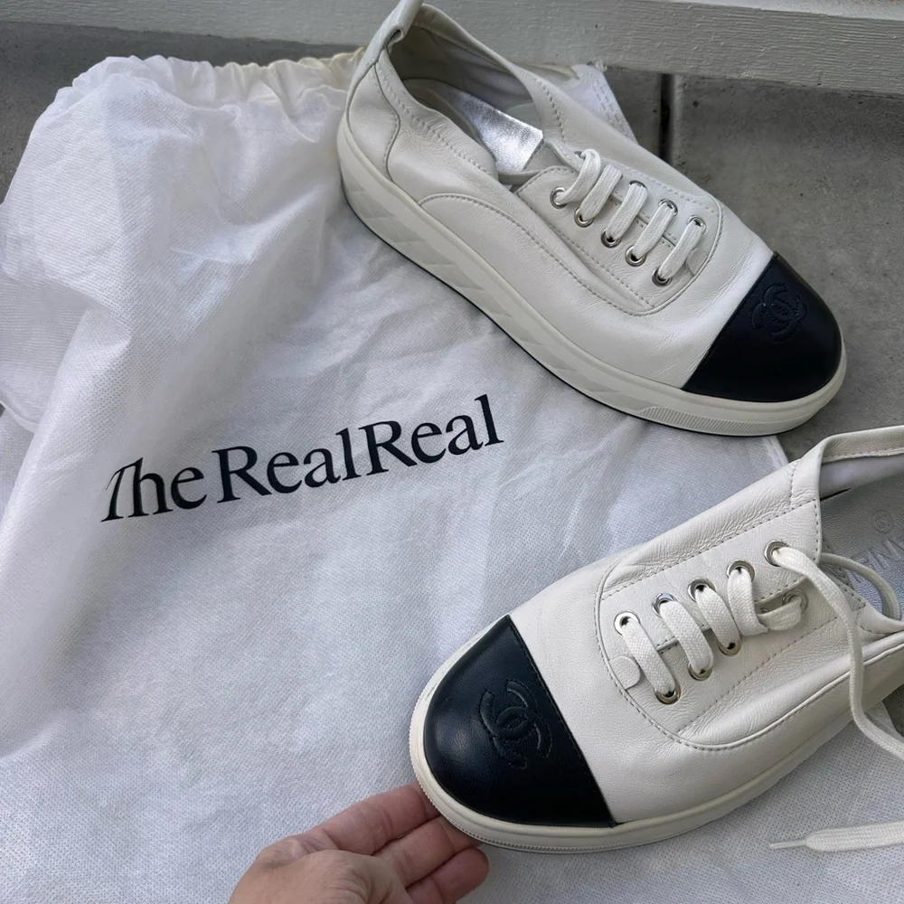 Chanel White and Black Leather Sneakers - Picture 4 of 16